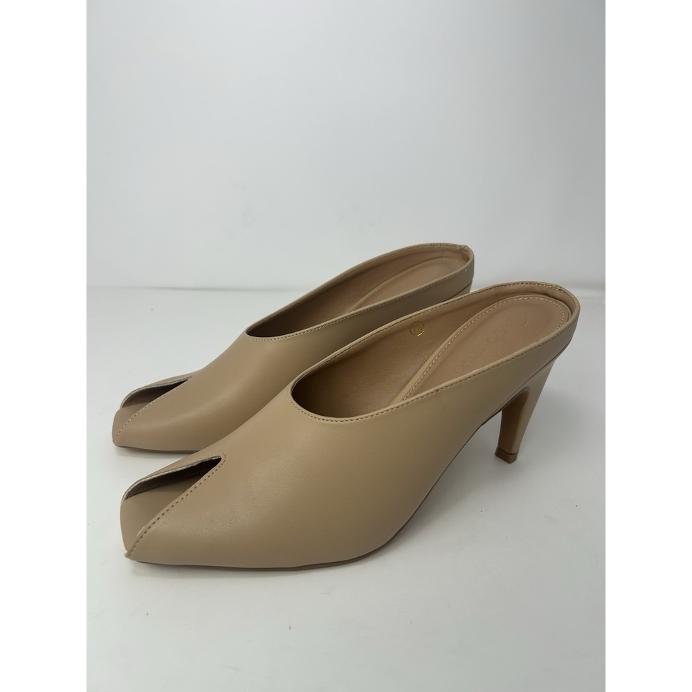 Coutgo Women's Kitten Heel Mules Peep Toe‎ Slide Sandals Nude Beige Size 7.5 NIB